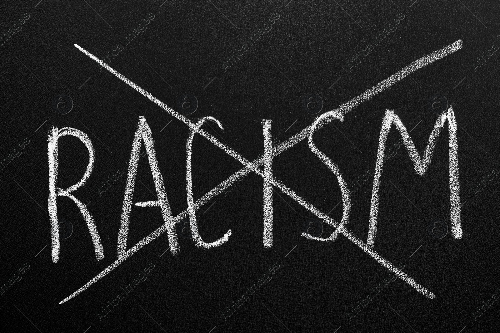 Photo of Crossed out word Racism written with chalk on blackboard