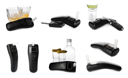 Image of Set with modern digital breathalyzers on white background