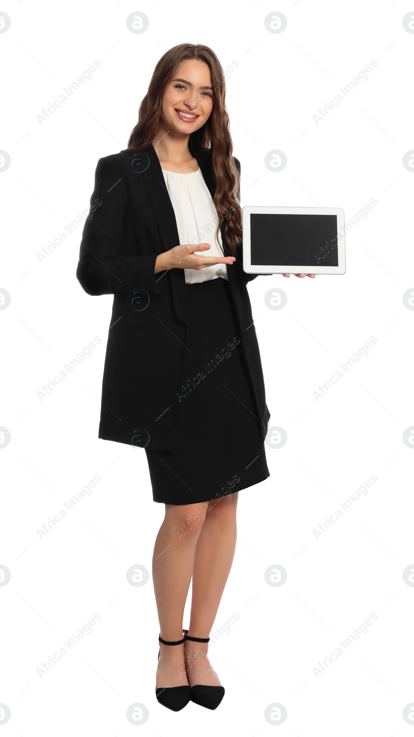 Photo of Full length portrait of hostess with tablet on white background