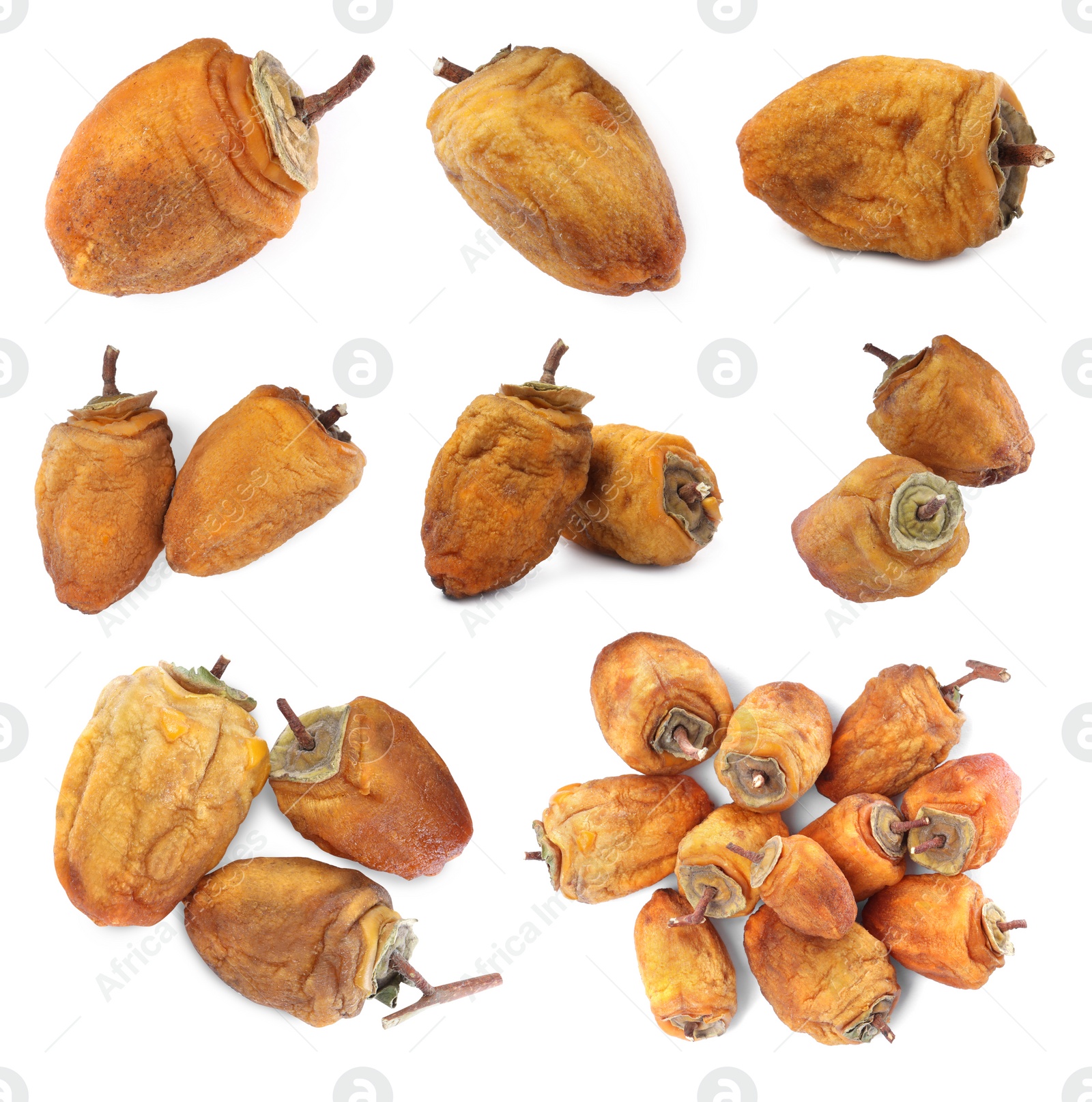 Image of Set with tasty dried persimmon fruits on white background