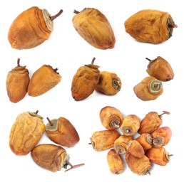 Set with tasty dried persimmon fruits on white background