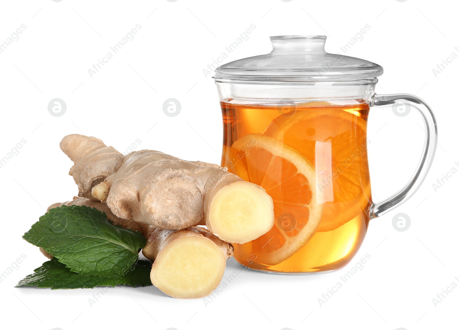 Photo of Cup of tea with lemon, mint and ginger on white background