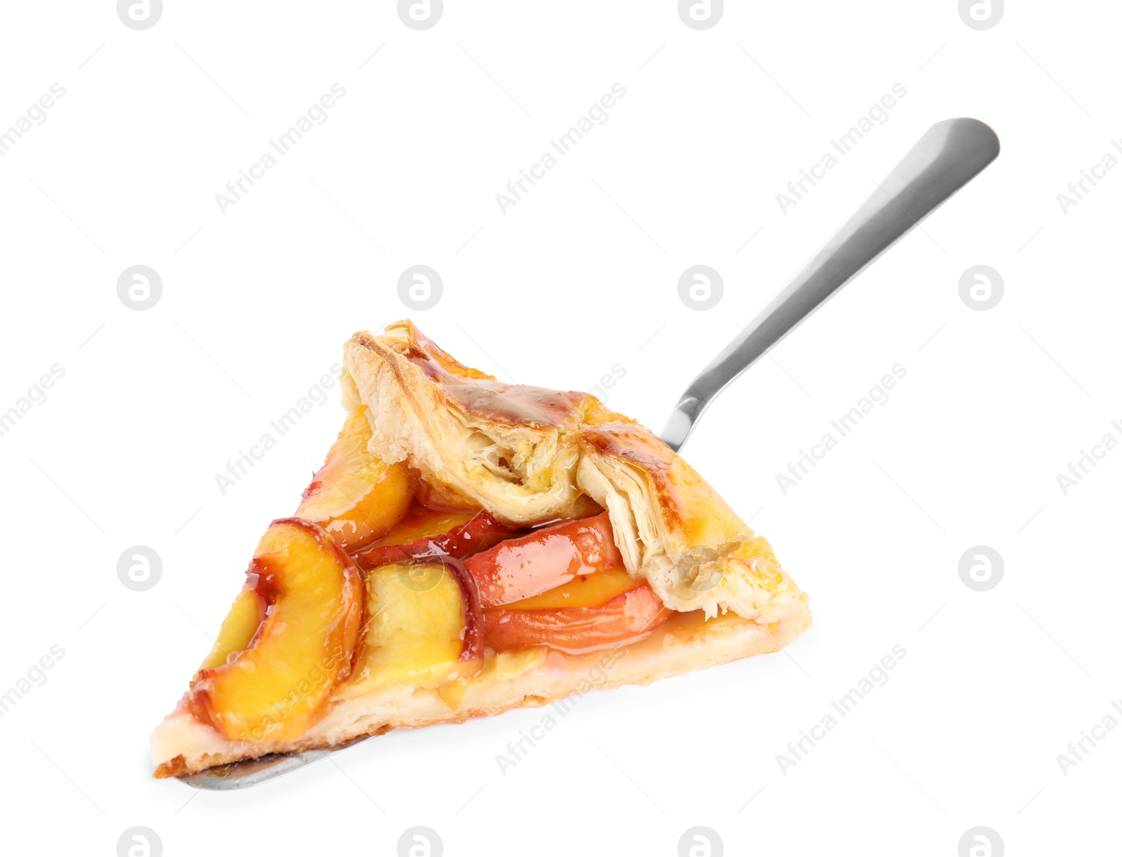 Photo of Slice of delicious fresh peach pie isolated on white