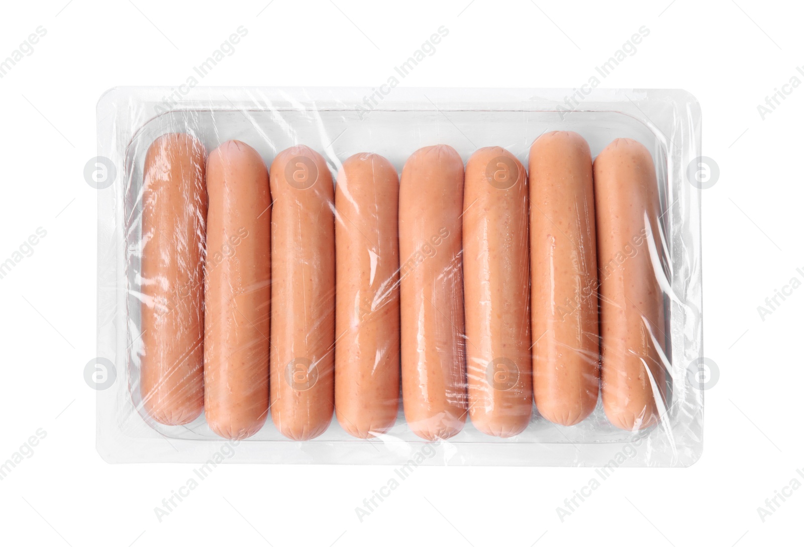 Photo of Tasty sausages on white background. Meat product