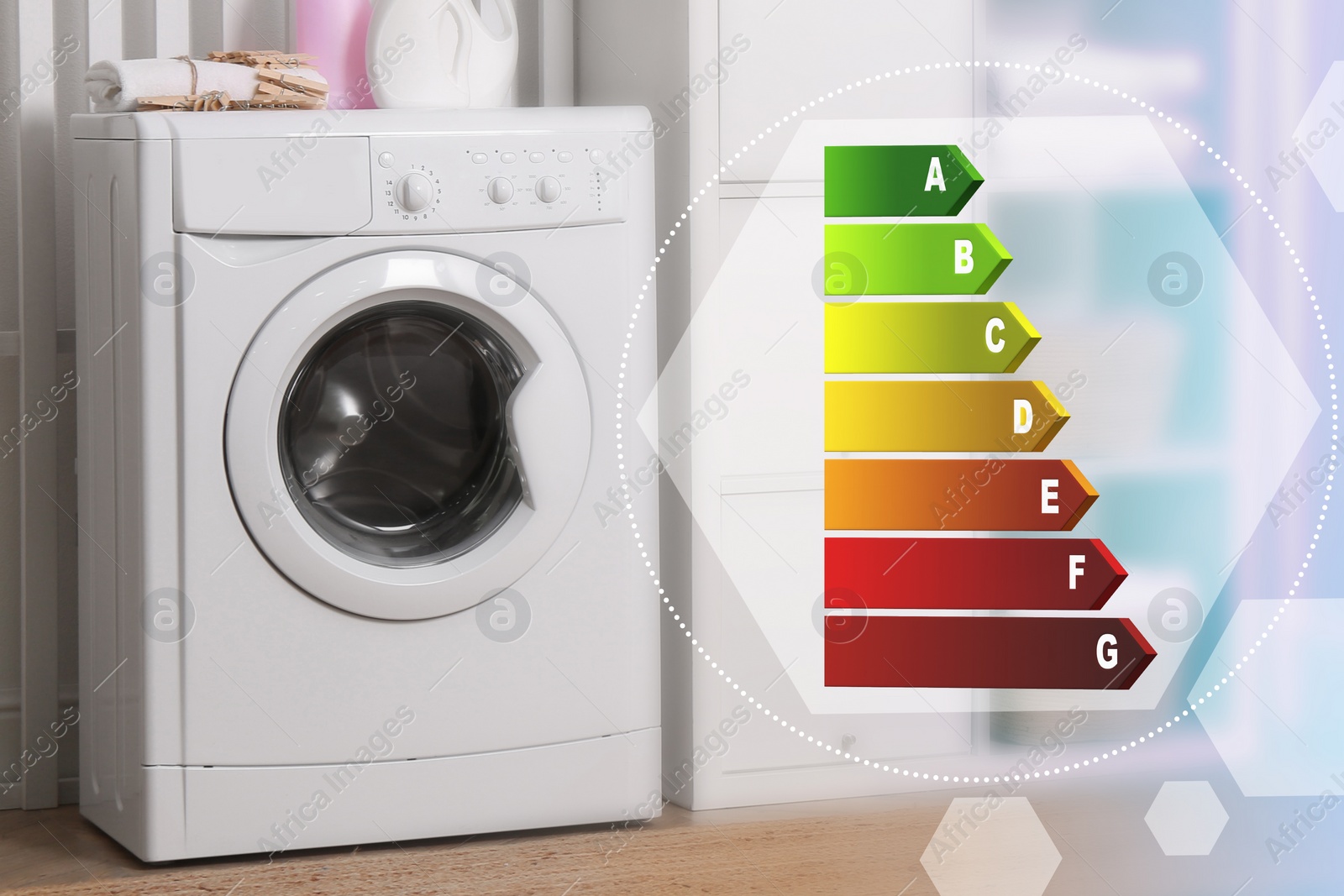 Image of Energy efficiency rating label and washing machine indoors