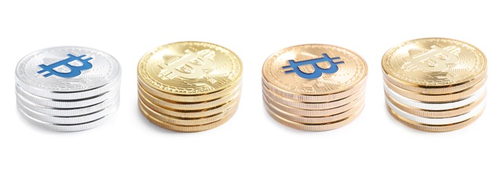 Image of Collage with stacked bitcoins on white background