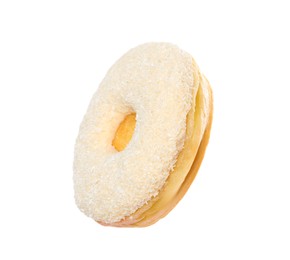 Photo of Sweet tasty glazed donut decorated with coconut powder isolated on white