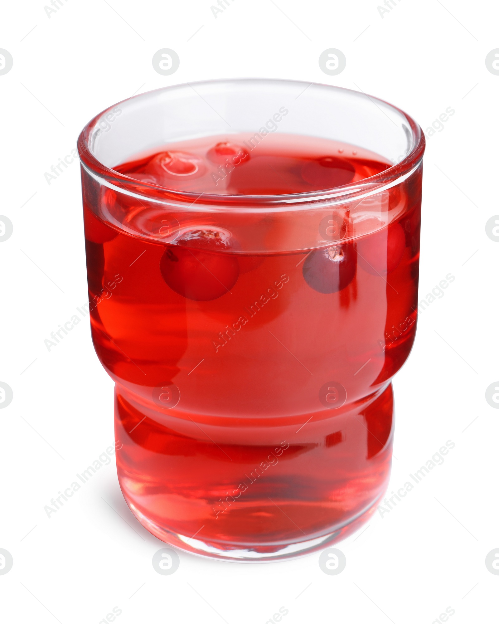 Photo of Tasty cranberry juice in glass and fresh berries isolated on white