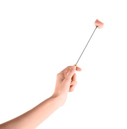 Photo of Woman holding fork with piece of raw meat on white background
