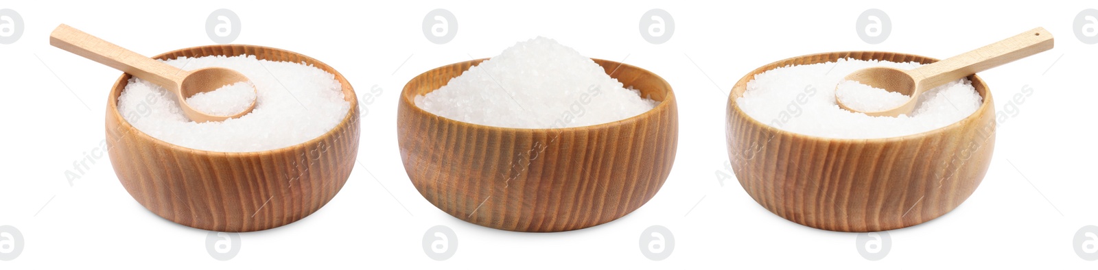 Image of Natural salt in wooden bowls isolated on white, set