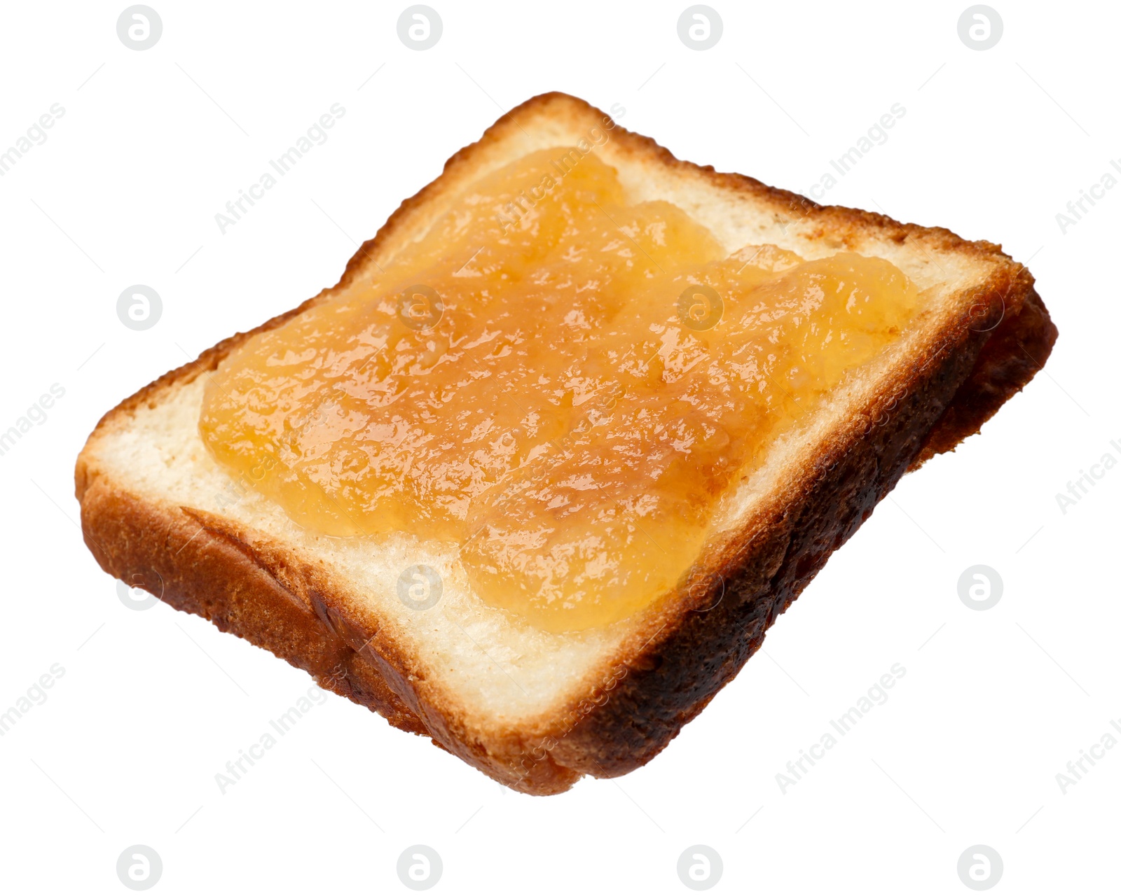 Photo of Piece of fresh toast bread with tasty jam isolated on white