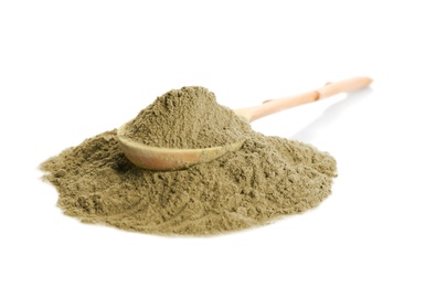 Hemp protein powder and spoon on white background