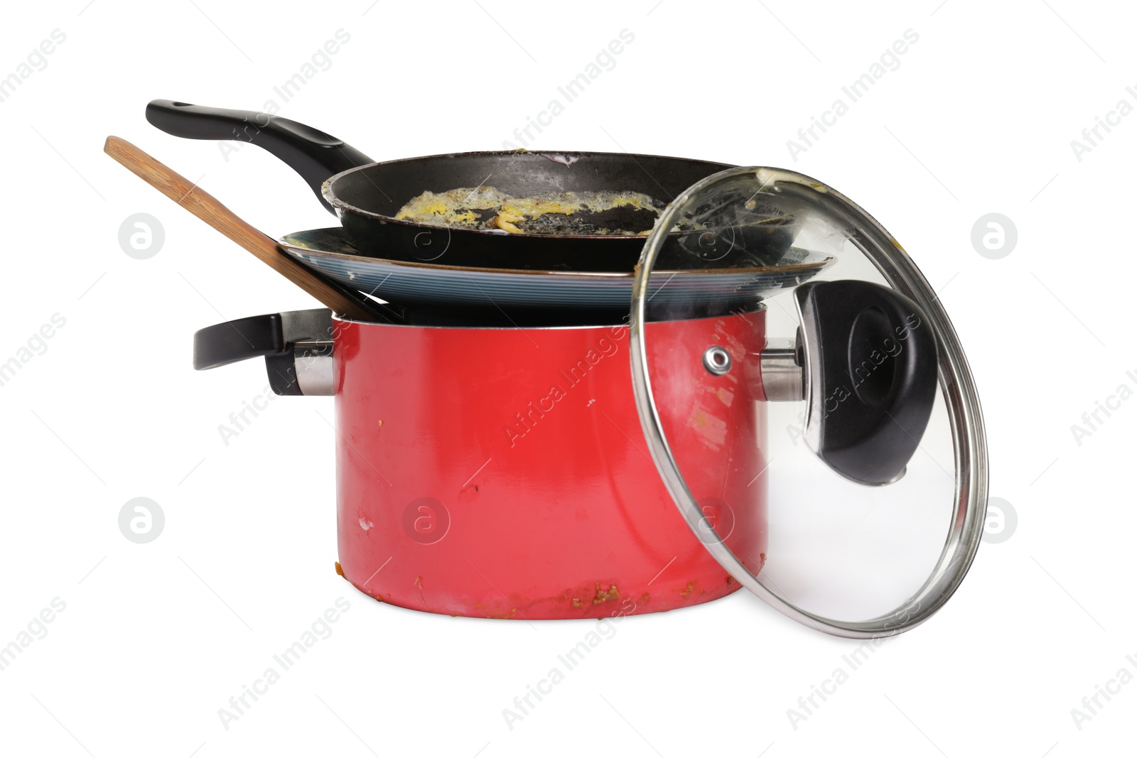 Photo of Stack of dirty kitchenware on white background