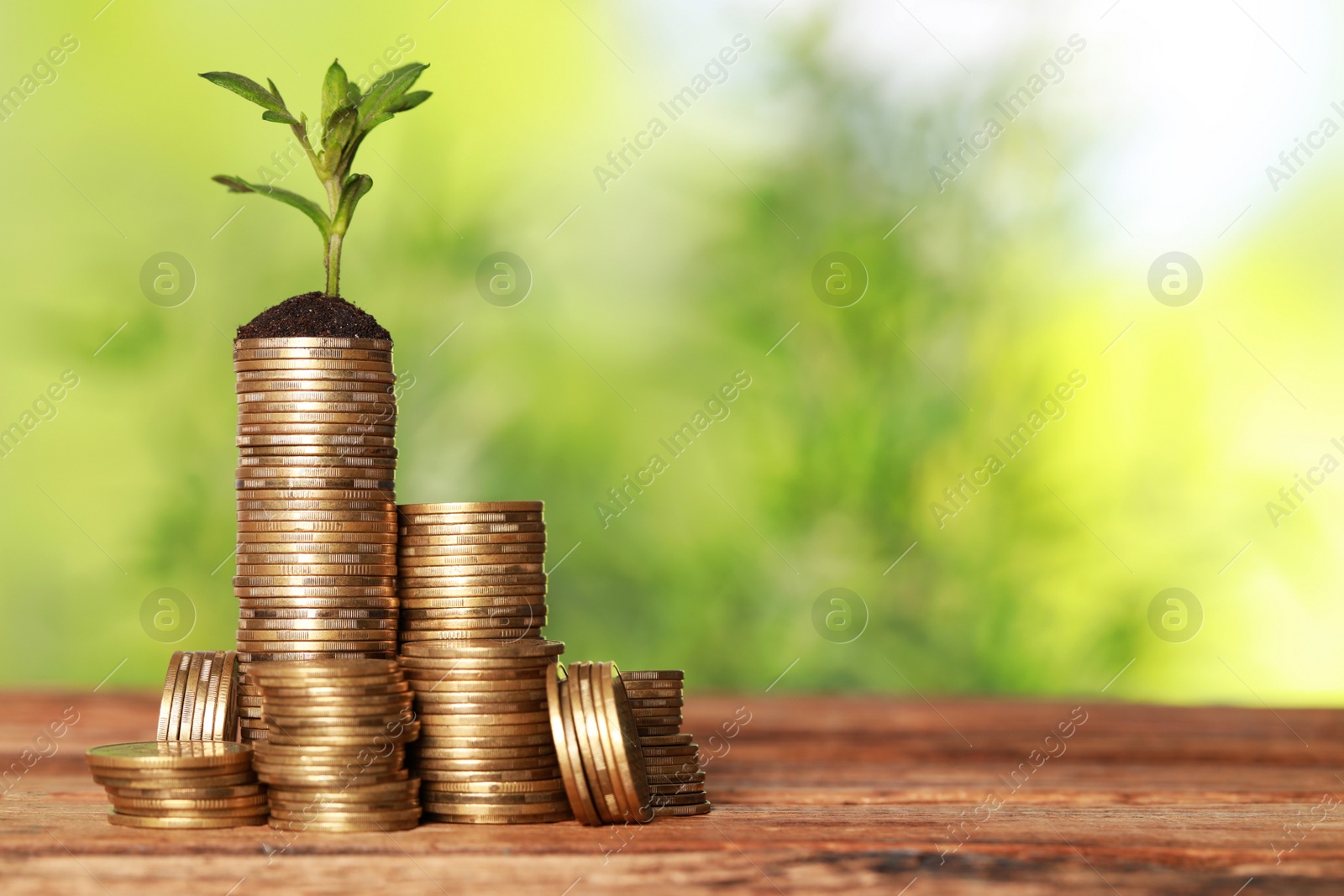 Photo of Stacked coins and green sprout on wooden table against blurred background, space for text. Investment concept