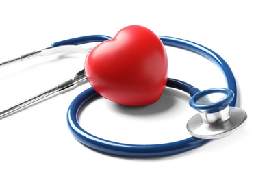 Stethoscope for checking pulse and red heart on white background