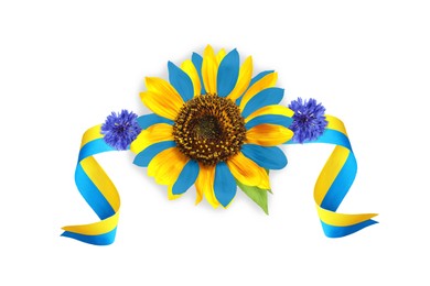 Image of Bright sunflower and ribbons in color of Ukrainian national flag on white background