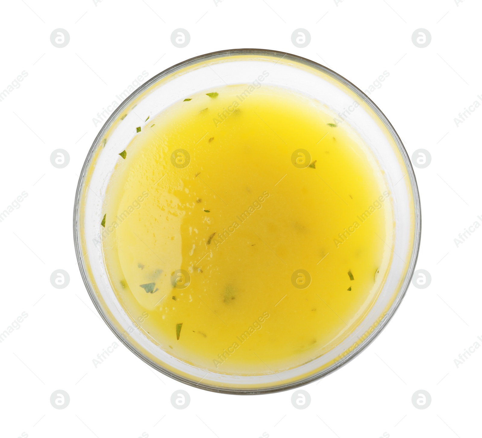 Photo of Bowl with lemon sauce on white background, top view. Delicious salad dressing