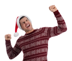 Photo of Excited man wearing Santa hat on white background
