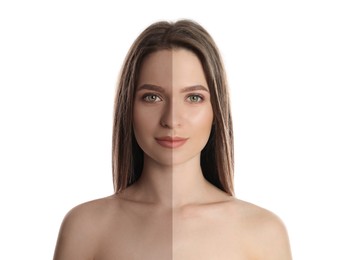 Image of Collage with photos of beautiful young woman before and after indoor tanning on white background