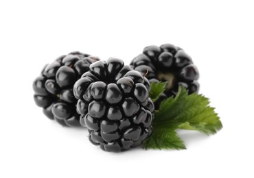 Photo of Tasty ripe blackberries and leaf on white background