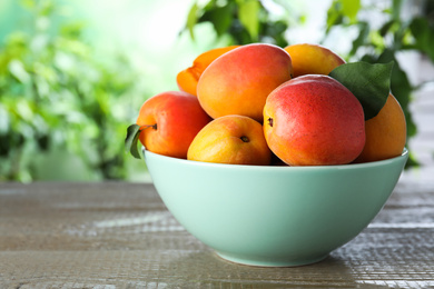 Many fresh ripe apricots in bowl on wooden table against blurred background