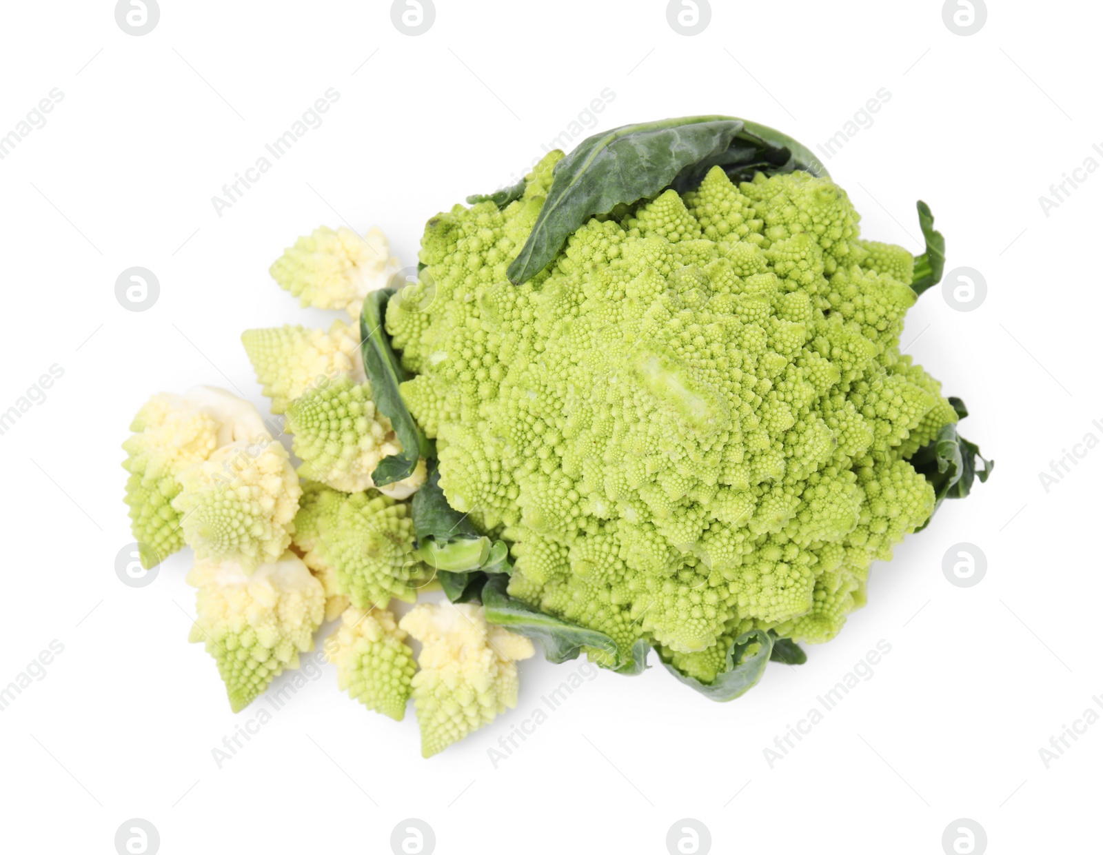 Photo of Cut fresh raw cauliflowers on white background, top view