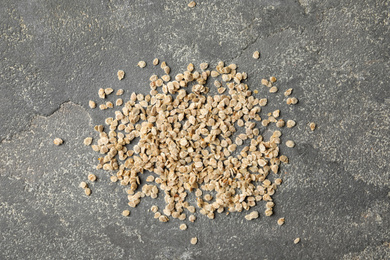 Raw tomato seeds on grey background, flat lay. Vegetable planting