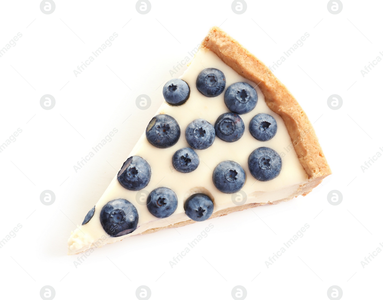 Photo of Piece of tasty blueberry cake on white background, top view