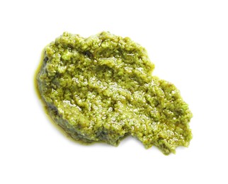 Sample of tasty pesto sauce isolated on white, top view