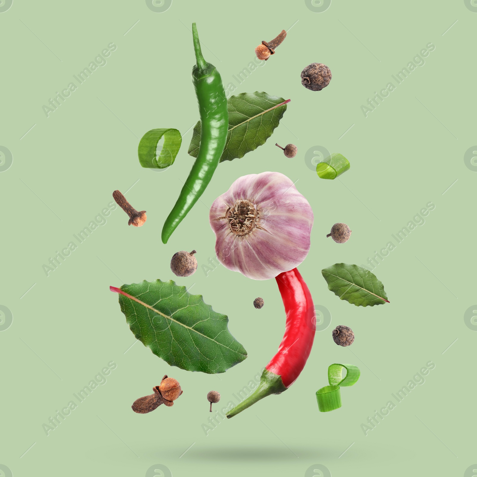 Image of Different spices falling on light green background