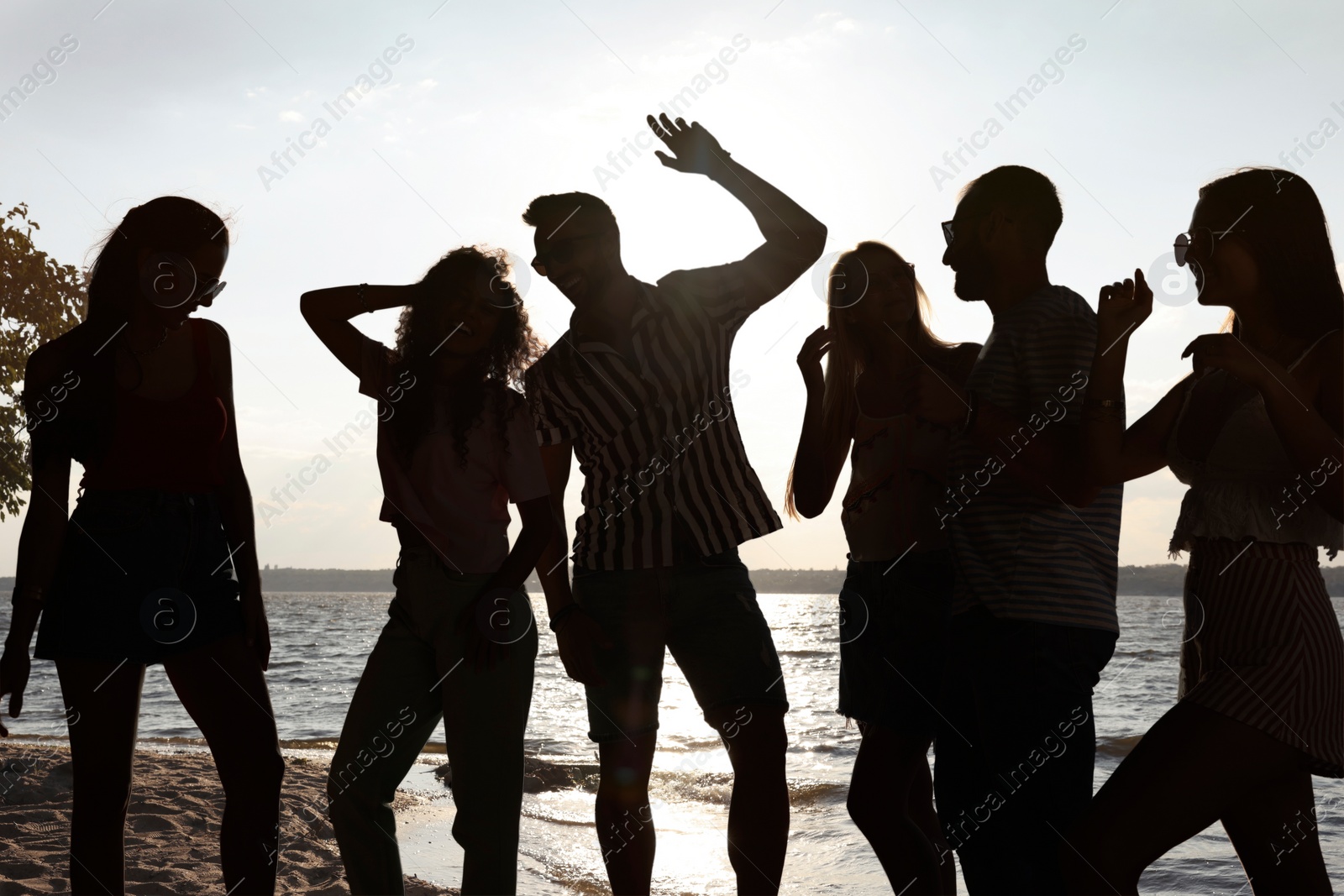 Image of Friends dancing on sandy beach during summer party. Silhouettes of people near river