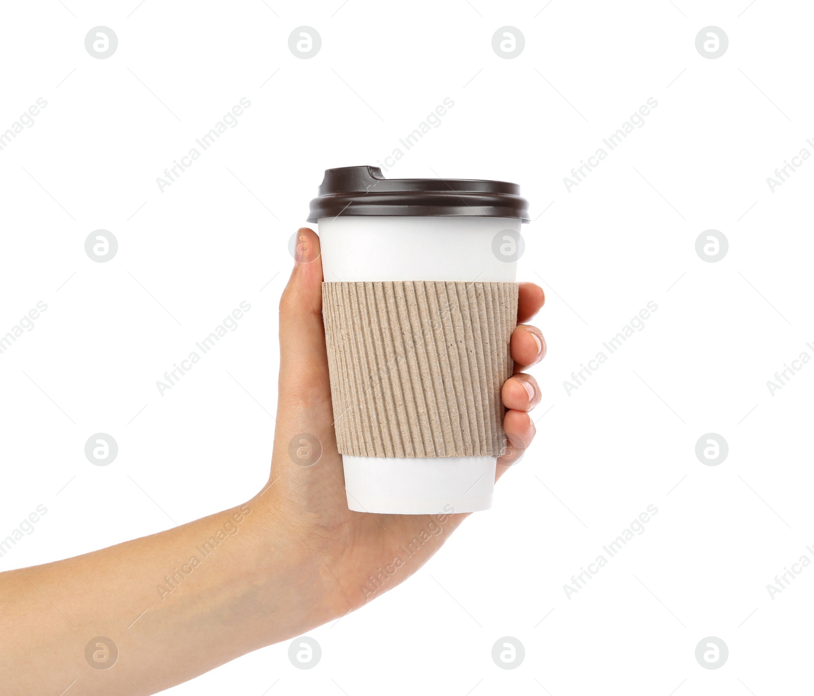 Photo of Woman holding takeaway paper coffee cup with cardboard sleeve on white background, closeup