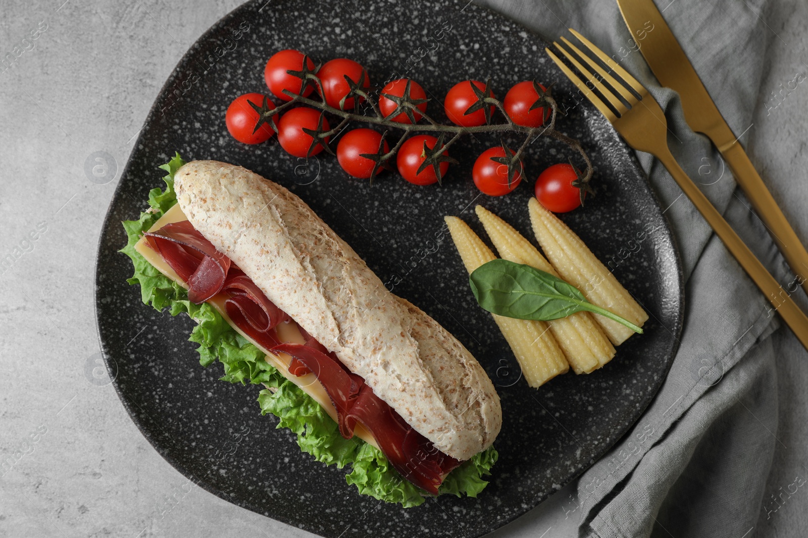 Photo of Delicious sandwich with bresaola served on light grey table, top view