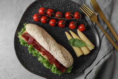 Photo of Delicious sandwich with bresaola served on light grey table, top view