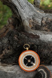 Photo of Compass on log, closeup view. Navigation device