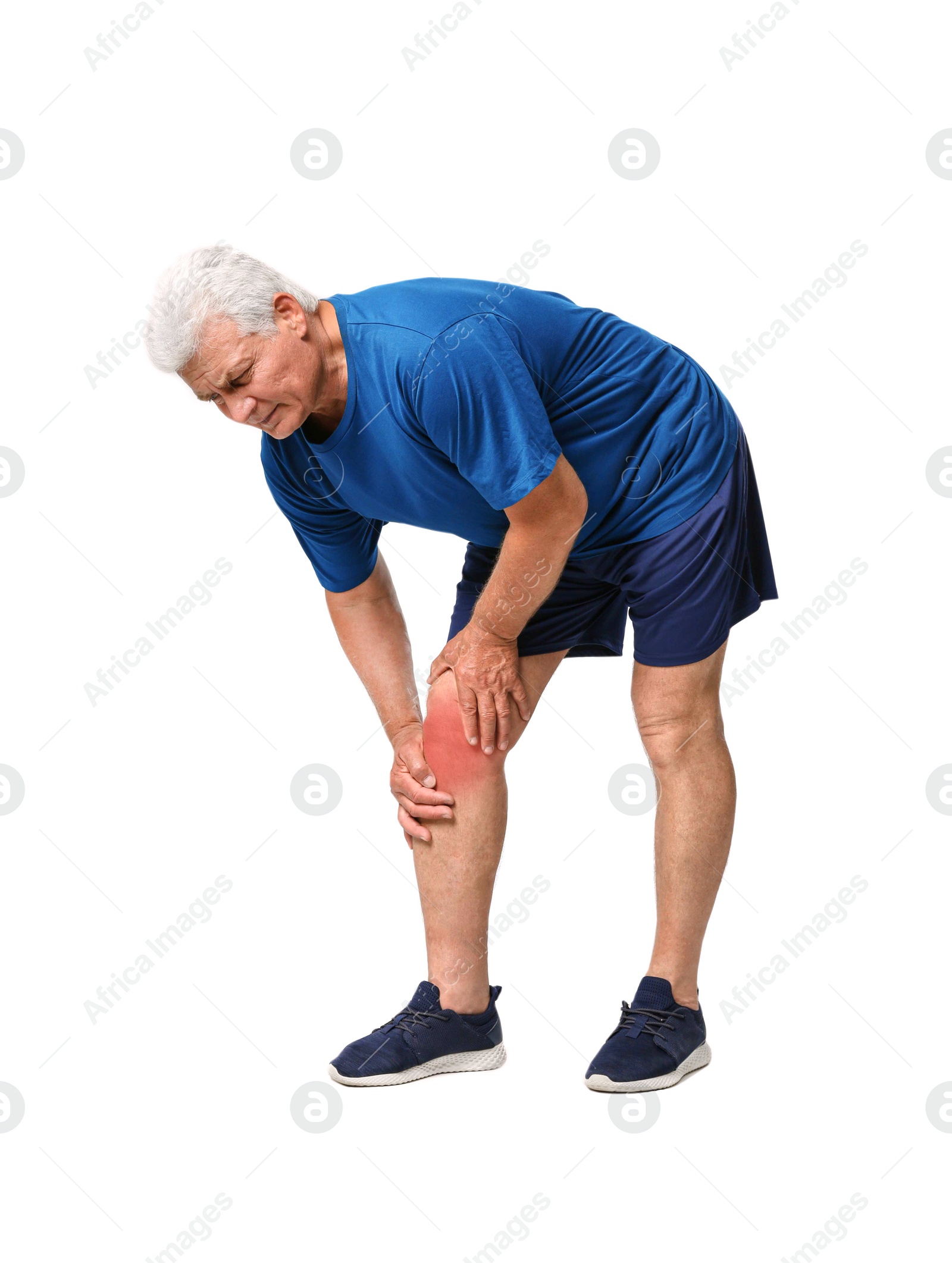 Photo of Full length portrait of senior man having knee problems on grey background