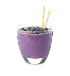 Glass of delicious blueberry smoothie with granola on white background