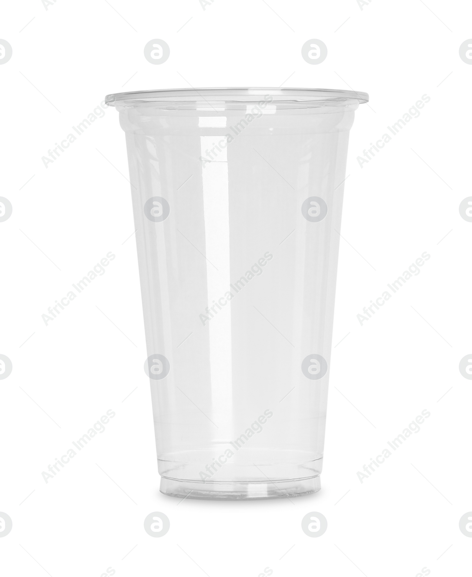 Photo of One empty plastic cup isolated on white