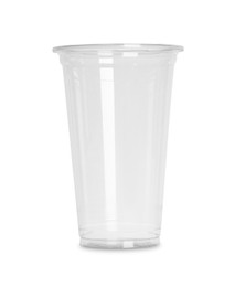 Photo of One empty plastic cup isolated on white