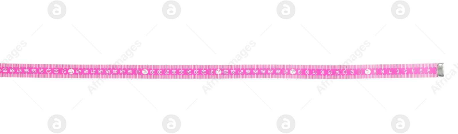 Photo of New pink measuring tape isolated on white, top view