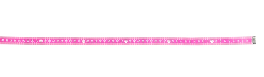 Photo of New pink measuring tape isolated on white, top view