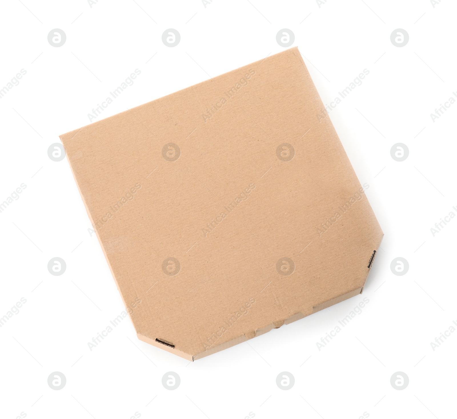 Photo of Pizza box isolated on white, top view with space for text. Food delivery