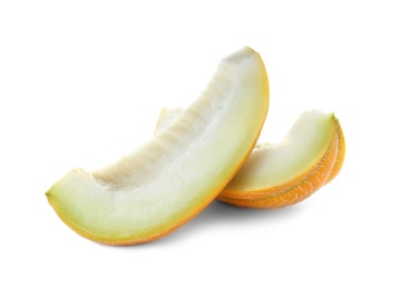 Photo of Slices of tasty ripe melon on white background