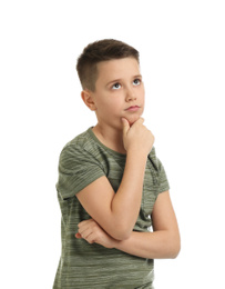 Photo of Full length portrait of emotional preteen boy on white background
