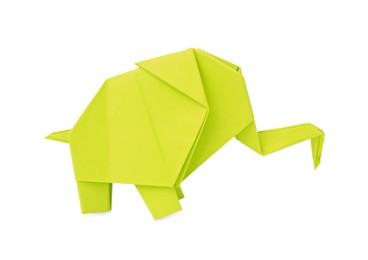 Photo of Light green paper elephant isolated on white. Origami art