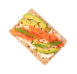 Fresh crunchy crispbread with cream cheese, salmon, avocado and arugula isolated on white, top view