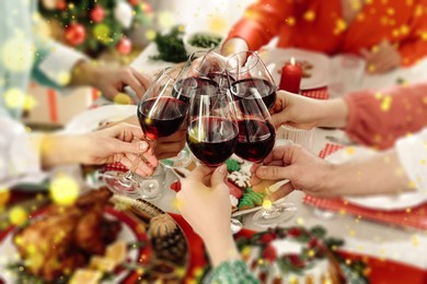 Image of Family with their friends clinking glasses at festive dinner indoors, closeup. Christmas celebration