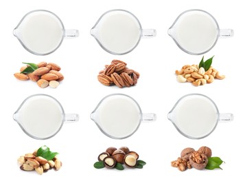 Set with different types of vegan milk and nuts on white background, top view