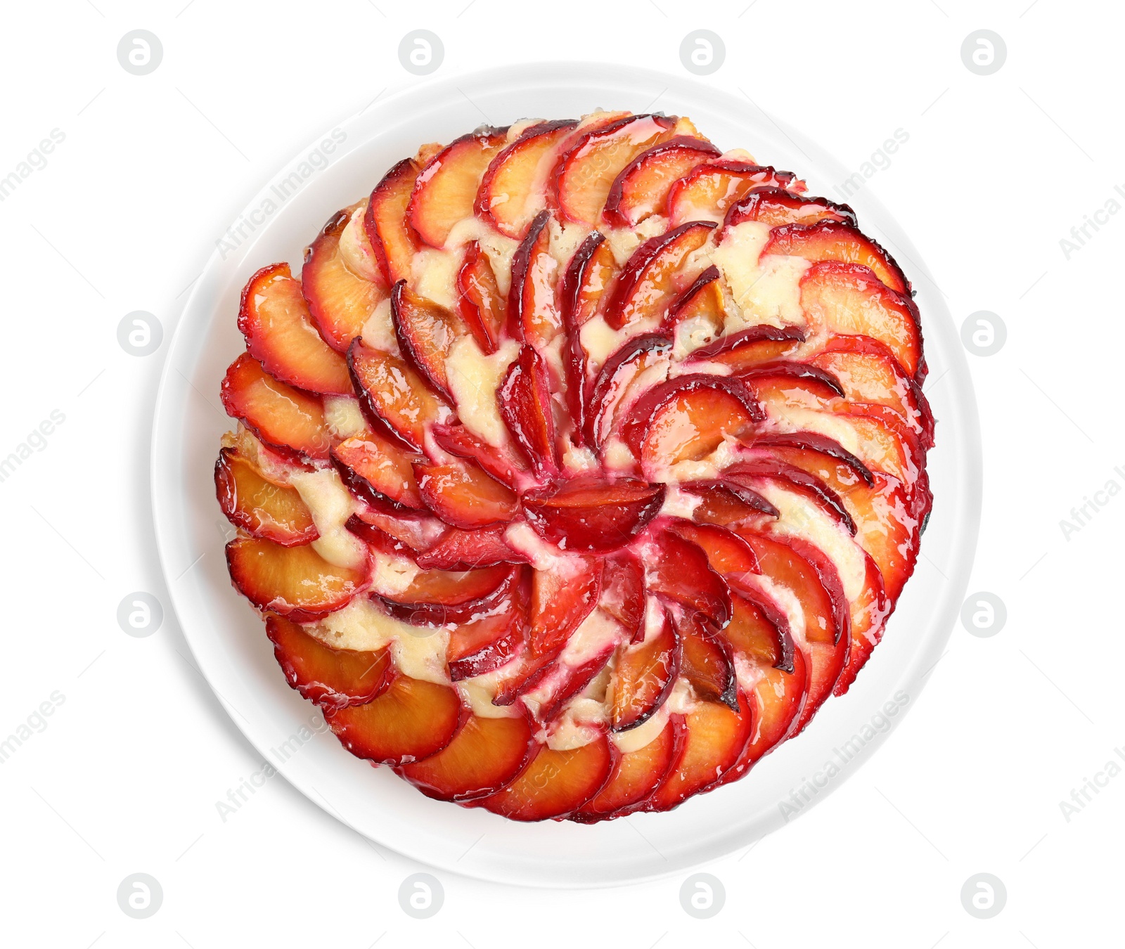 Photo of Delicious cake with plums isolated on white, top view