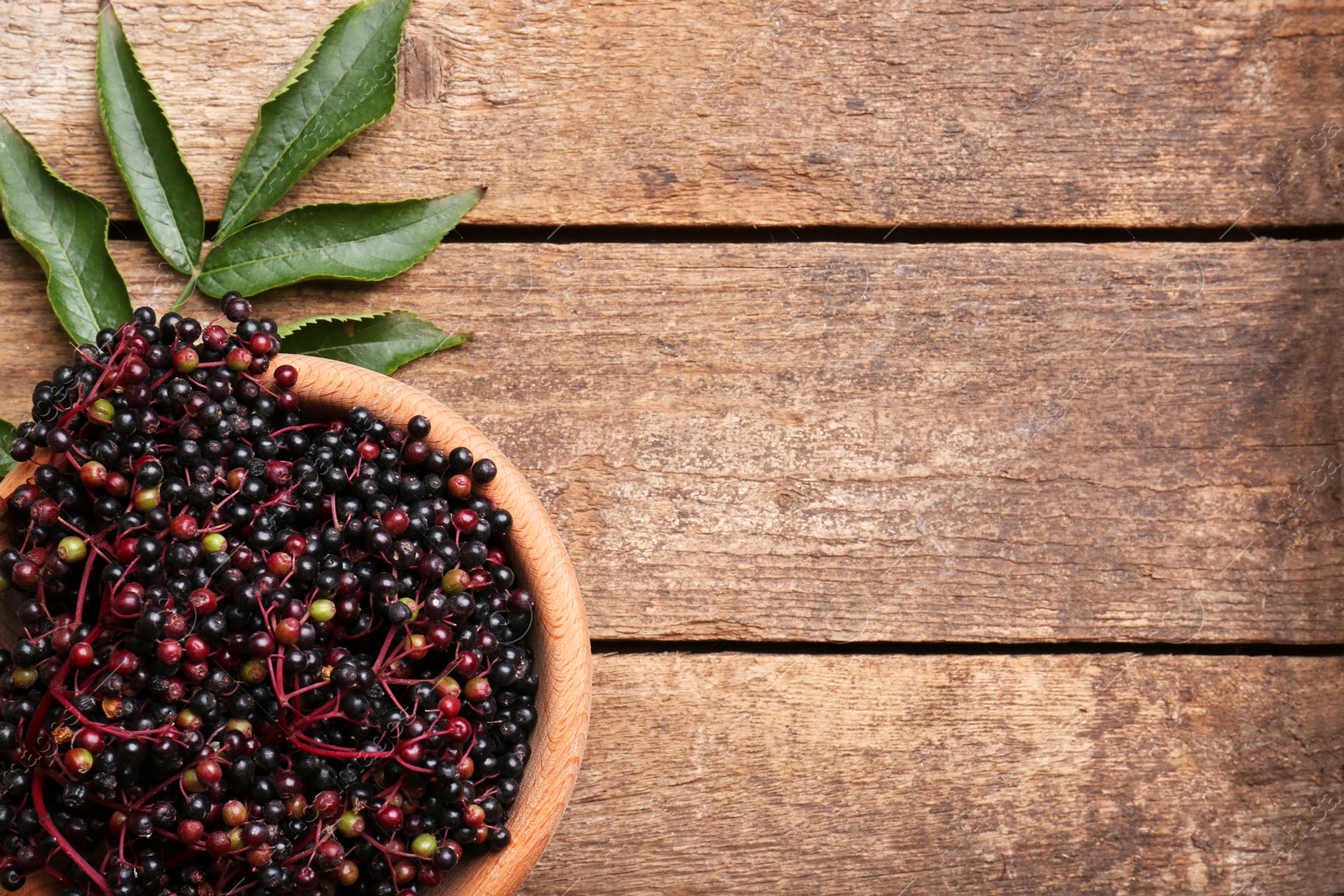 Photo of Bowl with tasty elderberries (Sambucus) on wooden table, top view. Space for text